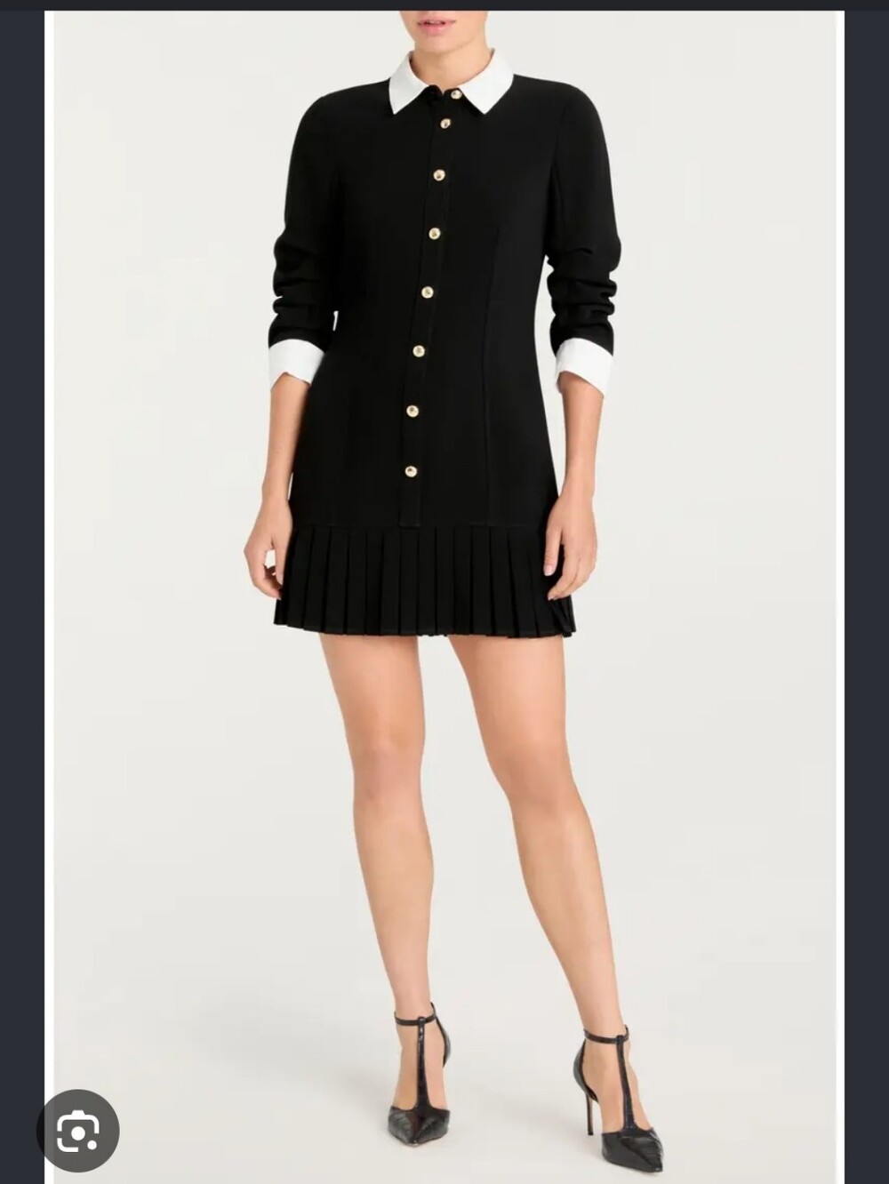 Cinq A Sept Lucilla Creppe Black and White Pleated Hem Button-Front Dress